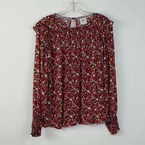 Knox Rose Blouse XL Pink Brown Multi Floral Shirred Cottagecore Boho Long Sleeve